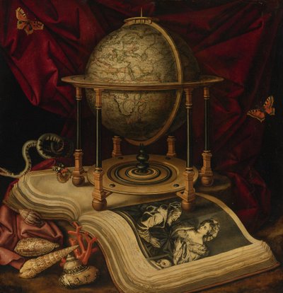 Vanitas Still Life with Celestial Globe, a Book, Shells, a Snake and Butterflies by Frans Luycx